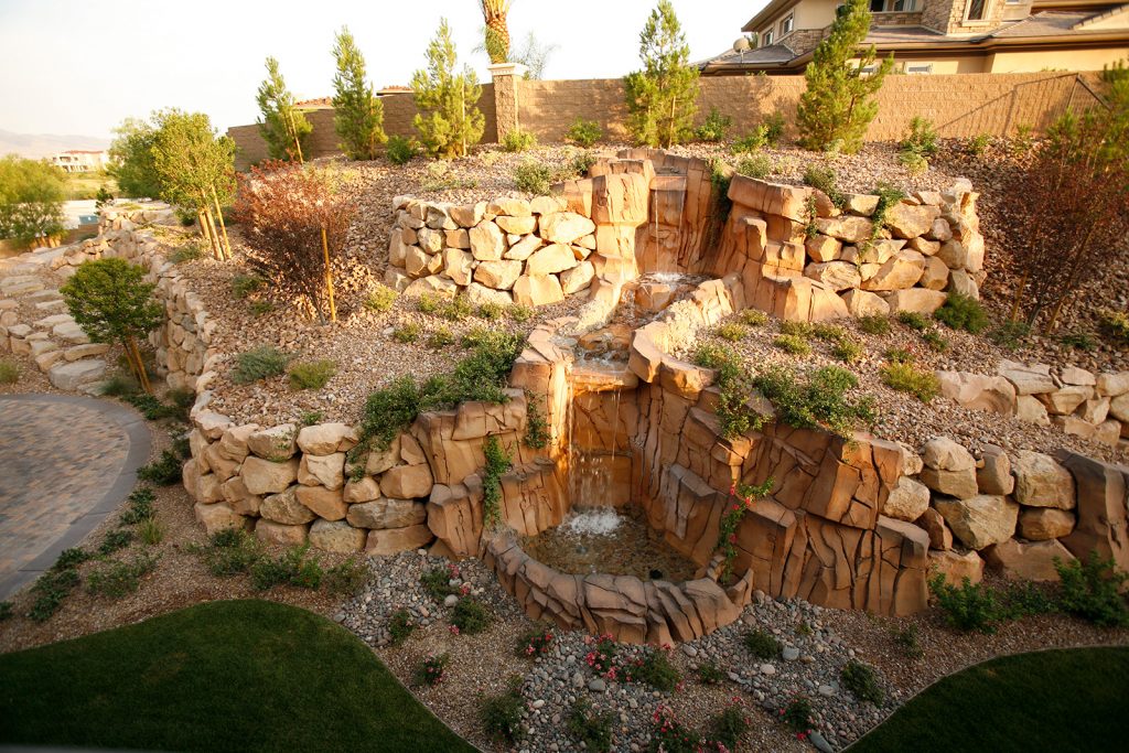 luxury custom home las vegas exterior waterfall